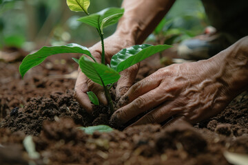 A person is planting a tree in the dirt