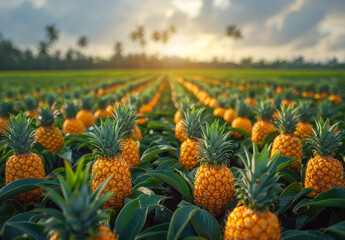 Pineapples on the field during sunset. A field of pineapple plants