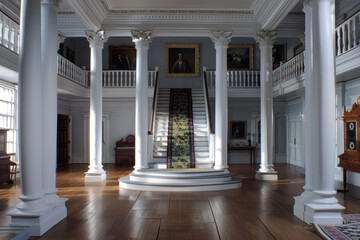 A large, empty room with white pillars and a marble staircase