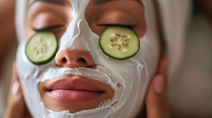 close-up of a woman in a mask with cucumbers in a spa. selective focus
