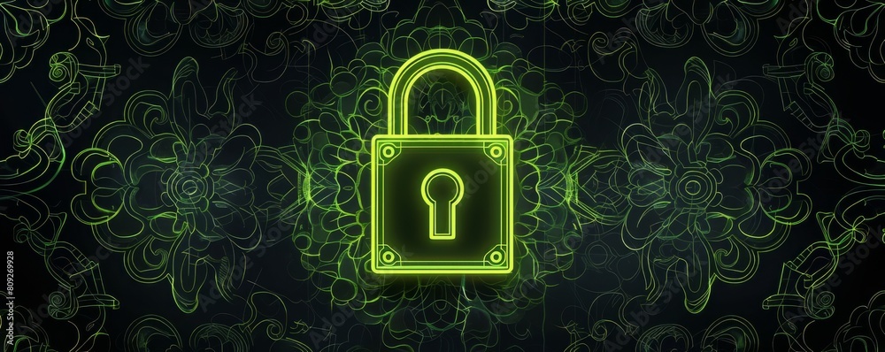 Poster neon green padlock on a black background with abstract floral patterns