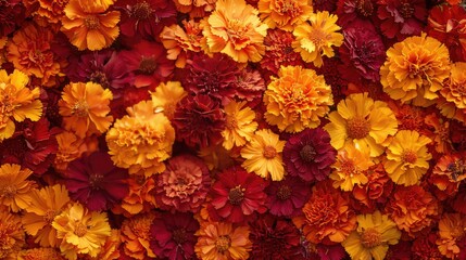 A close up of a bunch of orange flowers. The flowers are in various sizes and are arranged in a way that creates a sense of depth and texture. Scene is warm and inviting