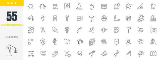 Construction line icon set. Construction, industry, home repair tools, builders and equipment, builder, crane, engineering, equipment, helmet, tool, house, renovation, outline icon collection.