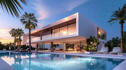 Exterior of private house luxury villa. Modern architecture real estate with swimming pool