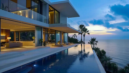 Obraz premium Exterior of private house luxury villa. Modern architecture real estate with swimming pool