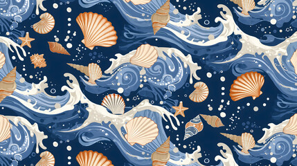 seashells and waves. Vector illustration.