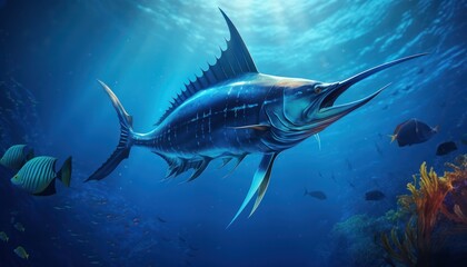 Obraz premium Giant Marlin fish in the ocean, beautiful view of marlin fish in the blue ocean