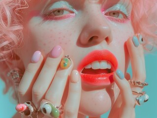Colorful Urban Retro Fashion Female Portrait, Pink Hairstyle and Bold Lipstick in Candy Playful Bright Colors. Close-up photography