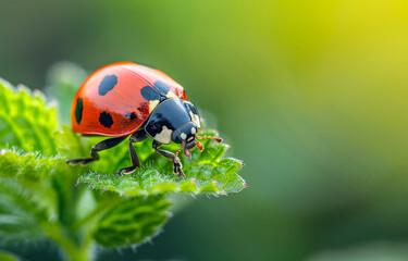 Fototapeta premium Ladybug on leaf in spring macro. Beautiful lady bug in the garden