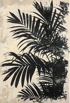 Monochromatic painting of palm leaves on a white canvas