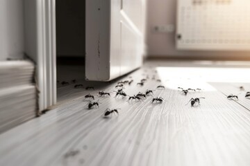 The image depicts a group of ants swarming on a wooden floor bathed in sunlight near an open door