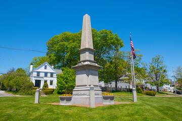 Obelisk memorial monument on Town Common in historic town center of Georgetown, Massachusetts MA,...