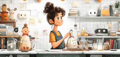 a puppet maker female crafting traditional puppets, 2d, flat, illustration, solid color.