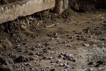 Mice trails seen as small, deliberate marks through the coarse floor of a worn-out barn, filled with straws