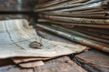 This detailed shot of a cricket highlights the contrast against the backdrop of weathered newspapers