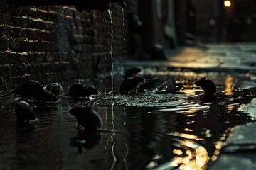 A moody, dark-themed capture showing rats congregating around reflective water puddles under a dim city light