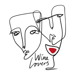 Line faces trendy red wine glass portrait. Abstract linear minimalistic face composition. Monochrome print for clothes, textile and other. Vector fashion illustration art