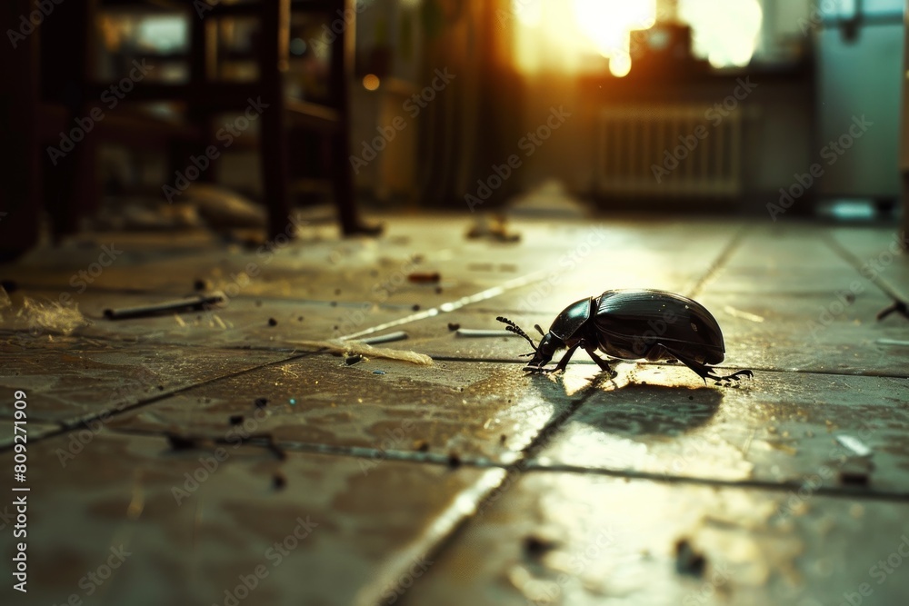 Aufkleber Close-up image capturing the intricate details and reflections of a beetle navigating through an obstacle course on a tiled floor