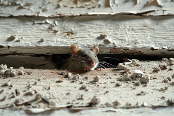An anxious small mouse timidly peeking out of the hole in a damaged home wall depicting desperation