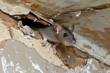 This close-up shows a curious rat peeking out from a hole in a deteriorated, peeling wall, showcasing a sense of intrusion or infestation