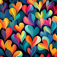 Vibrant seamless pattern of stylized multicolored hearts on a dark background