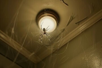 A creepy spider rests on its intricate web inside an old, dusty room with a retro ceiling lamp