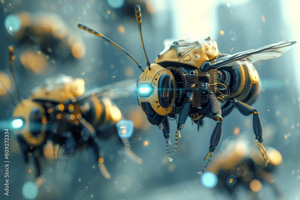 Poster A conceptual image showing a swarm of metallic robotic bees with intricate details and blue light elements