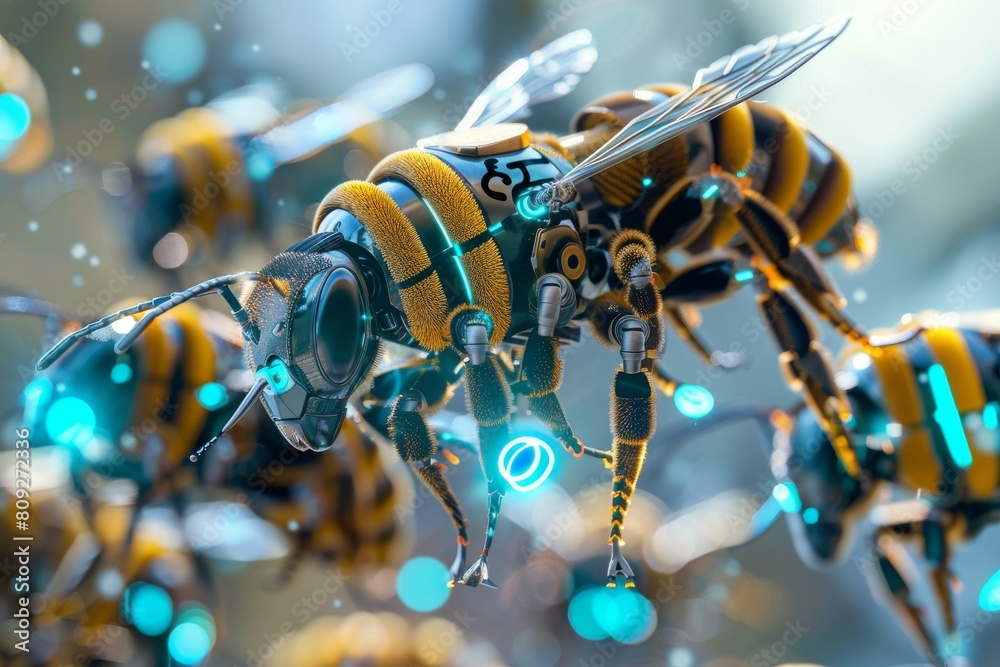 Aufkleber This image captures a close-up of advanced mechanical bees with a focus on their high-tech components and design