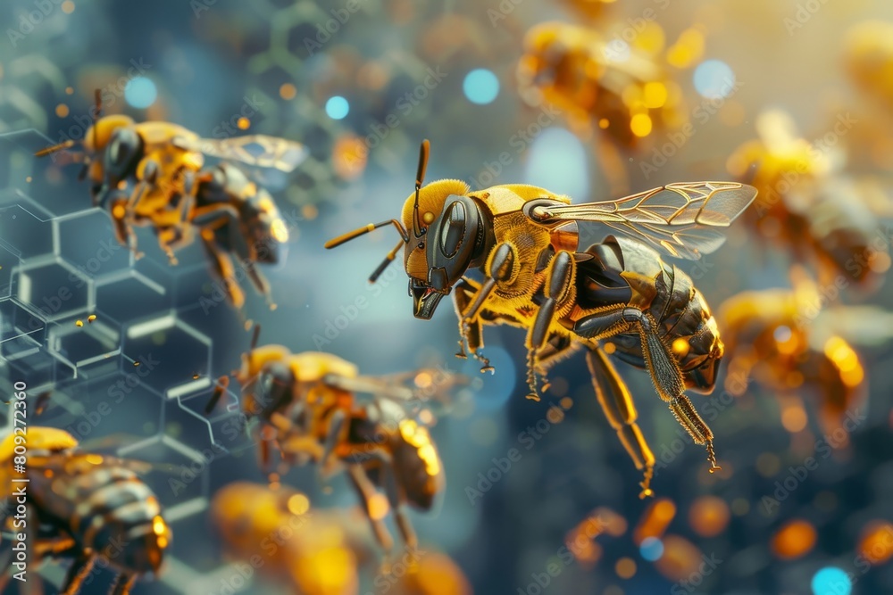 Poster Visually captivating digital art piece showing futuristic robot bees against a detailed hexagonal background