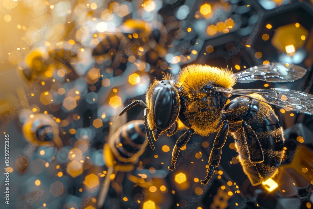 Poster a striking composition focusing on a cybernetic bee with glowing orange elements amid a swarm