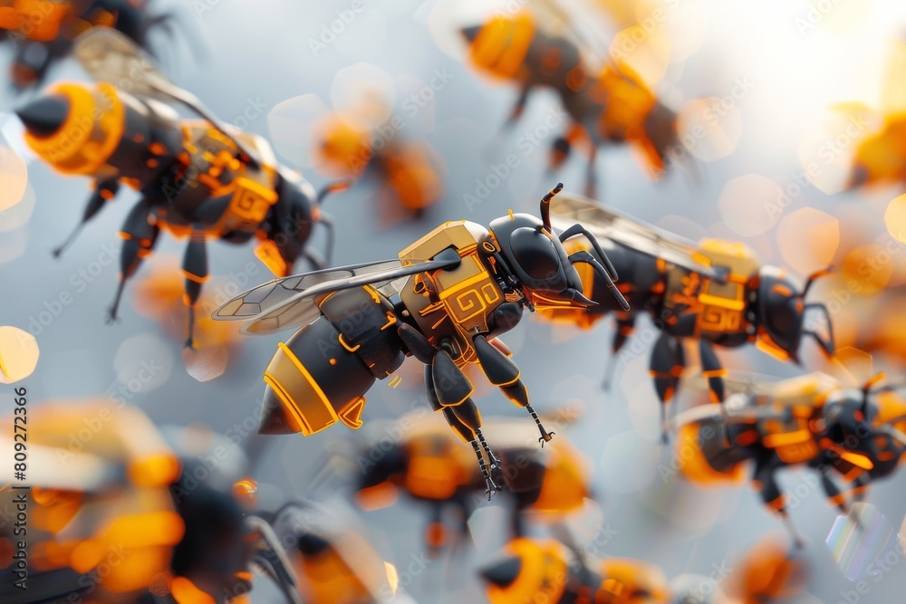 Aufkleber This image presents a swarm of futuristic bees with intricate orange circuit patterns on their bodies amidst a soft focus background