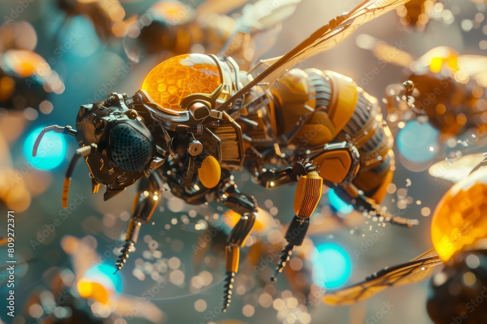Poster detailed image of a robotic bee with striking blue light elements carrying golden honey in a futuris