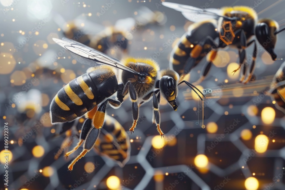 Aufkleber A mechanical bee with a visible blueprint design on its body against a hexagonal patterned background