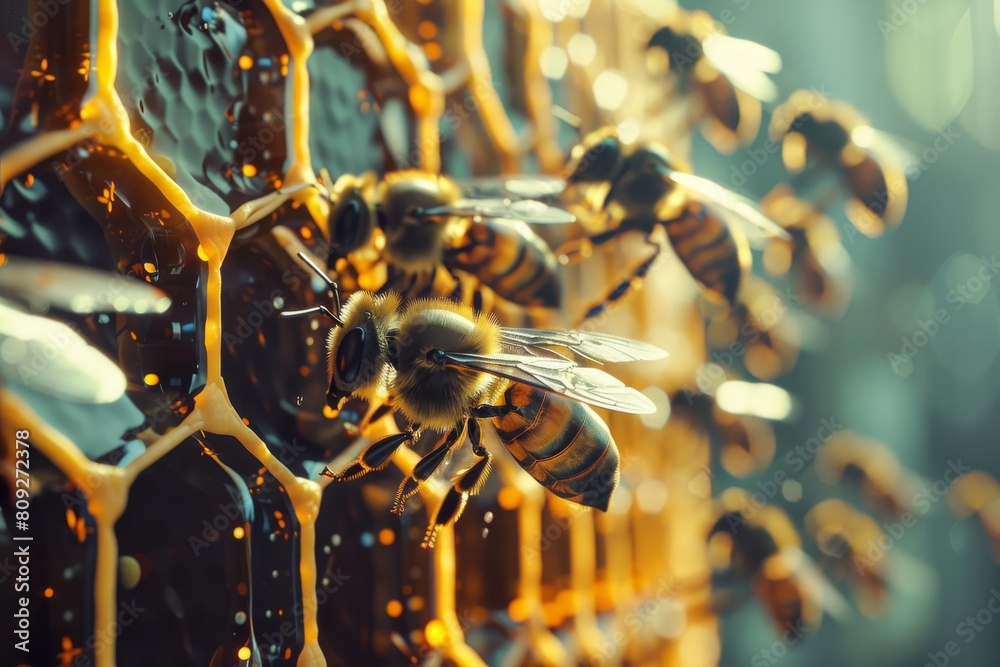 Poster close-up of bees on a honeycomb with vivid golden honey, capturing the perfection of nature's design
