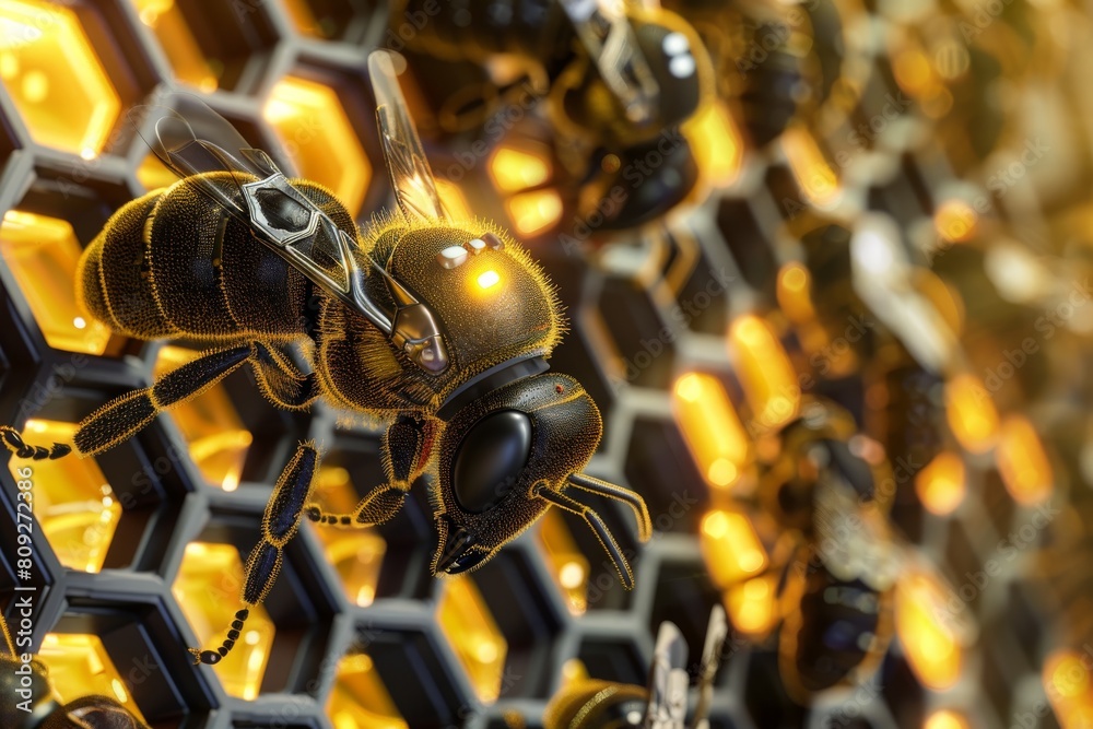Aufkleber a highly detailed image of a cybernetic bee perched atop a golden, hexagonal structure, evoking a se