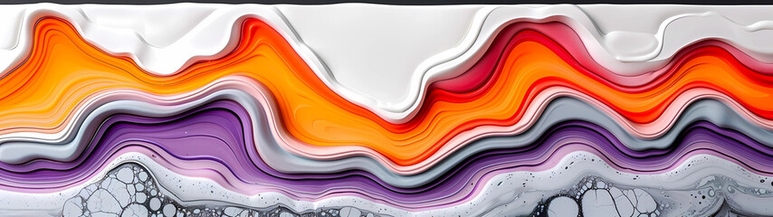 Swirls of stark white, vibrant orange, and deep purple abstract paint intertwine to form intricate layers reminiscent of earthly landscapes, evoking a sense of cosmic wonder and creativity
