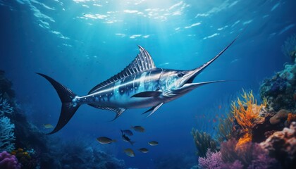Fototapeta premium Giant Marlin fish in the ocean, beautiful view of marlin fish in the blue ocean