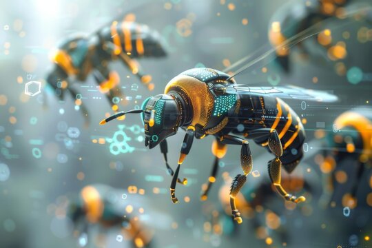 Digital bee concept with overlaying data and HUD elements, representing the fusion of biology and technology