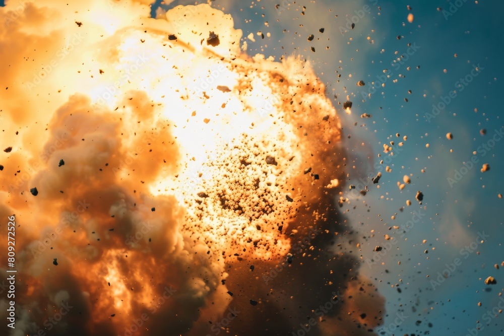 Poster A fiery explosion erupts, its intense heat creating a distortion that blurs the edges of the flames and surrounding debris