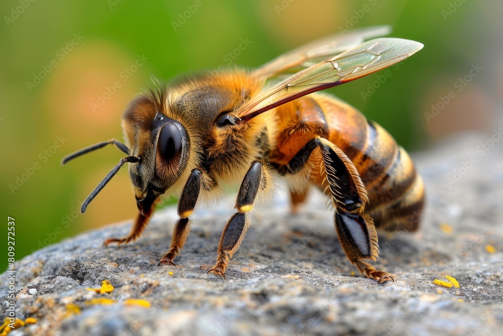 Poster This macro shot captures the detailed anatomy of a honeybee as it rests on a rock with fine textures, showcasing its wings and vibrant colors