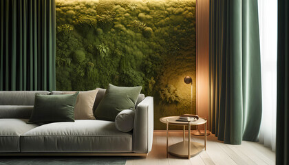 Vertical gardening, decorative preserved forest moss on the wall with lighting in the living room interior