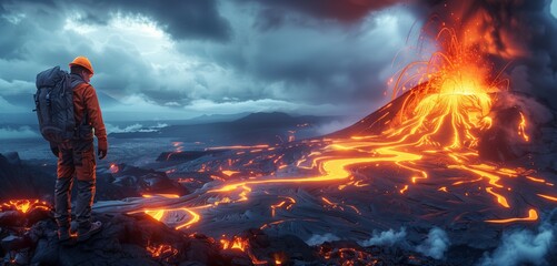 a volcanologist male studying active volcanoes, 2d, flat, illustration, solid color.