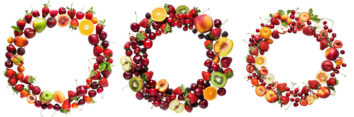 Set of A whole circle made of fruits, strawberries apples cherries peaches, circle filled with fruits also inside on a transparent background