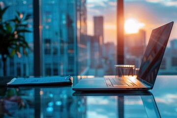 laptop on office desk with city view in background