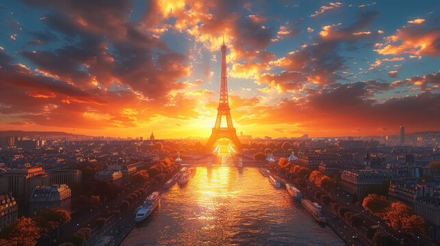sunset over paris with eiffel tower and dramatic sky
