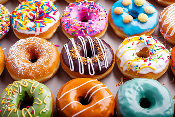 Happy National Donut Day concept. Various colorful glazed doughnuts