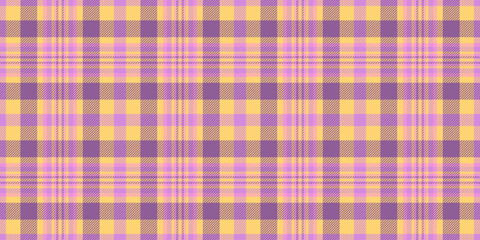 Nice seamless textile background, naked tartan pattern plaid. Plank vector fabric check texture in purple and amber colors.