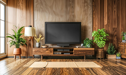 Contemporary Home Entertainment Space. A modern living room design featuring a TV, sleek entertainment unit, and decorative plants for a relaxing ambiance. Home Entertainment concept