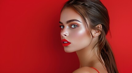 Woman Applying Red Lipstick on Red Background