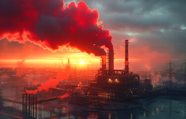 Large oil refinery with smokestacks and cooling towers.